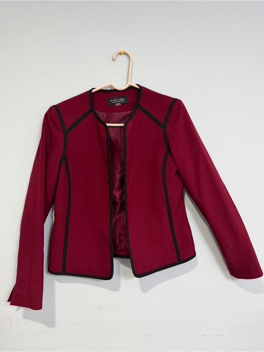 Evan Picone Burgundy Collarless Blazer with Black Trim